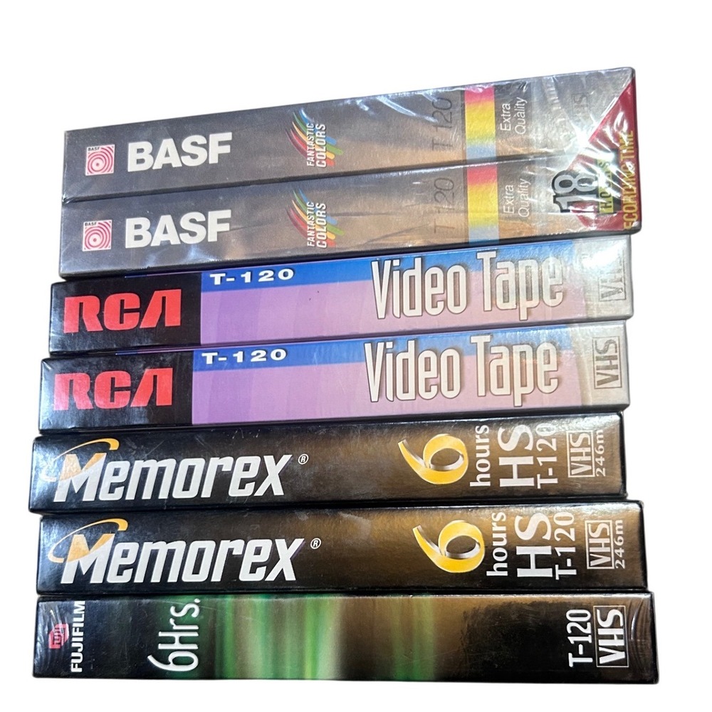 Lot of 7 Blank VHS Tapes New Sealed BASF RCA Memorex Fujifilm T-120 Recording